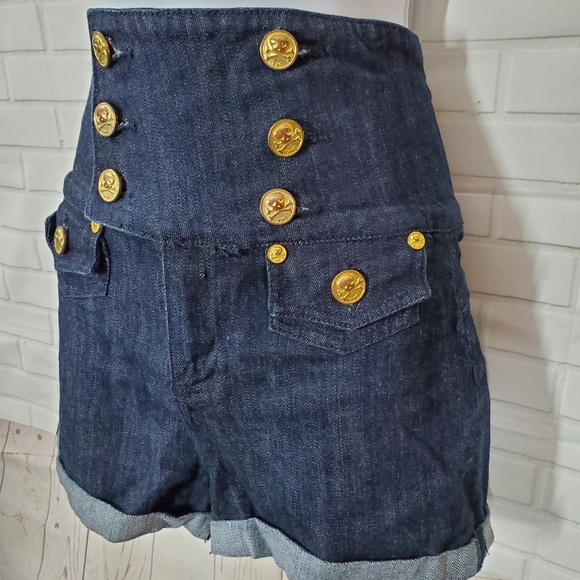 YNQ Waist High Sailor Jean Dark Denim Shorts - Picture 3 of 8